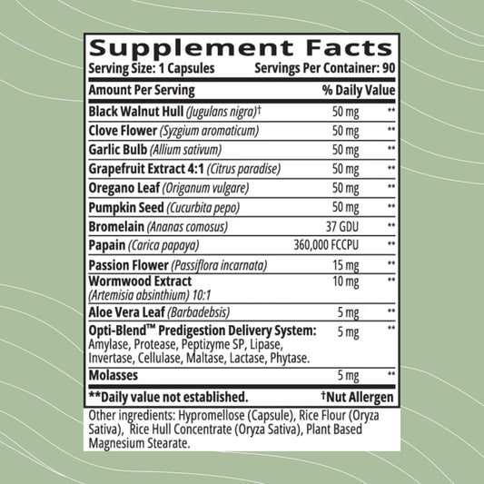 Opti-para ingredients list featuring wormwood, black walnut, and pumpkin seeds for botanical support.
