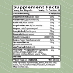 Opti-para ingredients list featuring wormwood, black walnut, and pumpkin seeds for botanical support.
