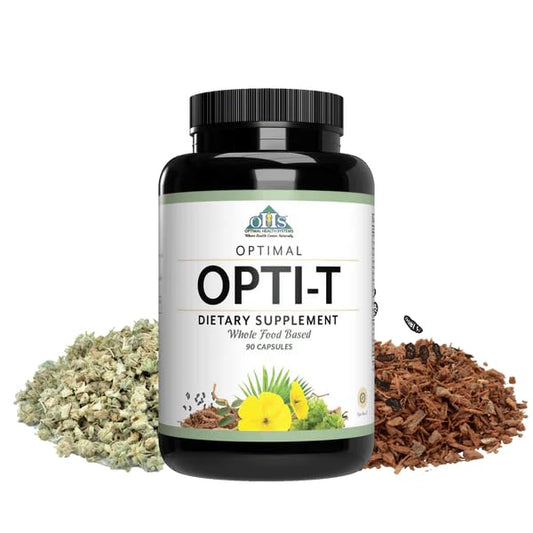 Optimal Opti-T bottle front shows herbal blend for everyday wellness and vitality.