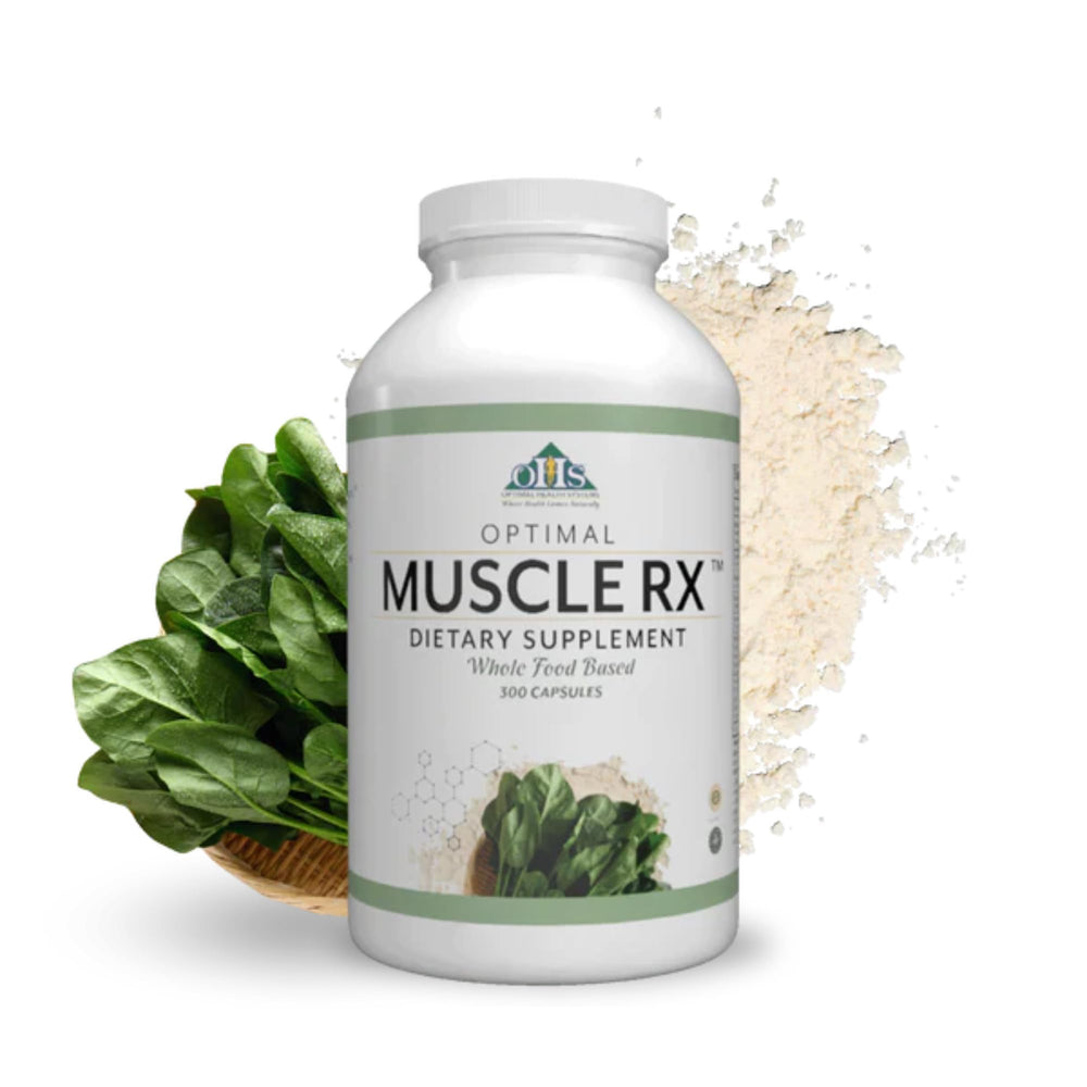 Optimal Health Systems' Optimal Muscle RX bottle on shelf for daily workouts.