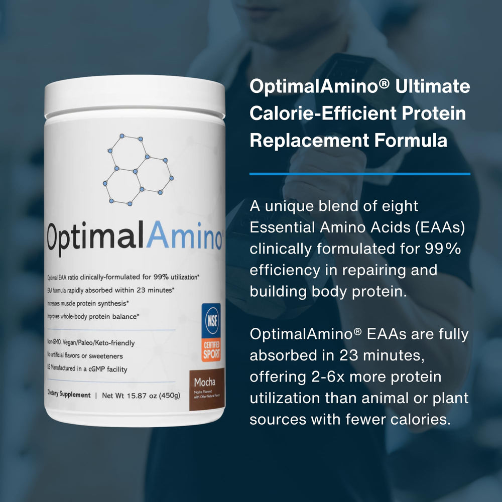 OptimalAmino 15g serving scoop highlights precise portion control.