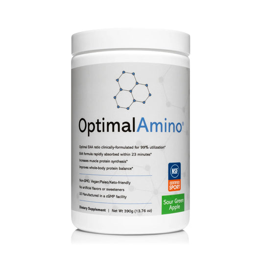 OptimalAmino amino acid powder bottle highlights complete essential amino acids for recovery.