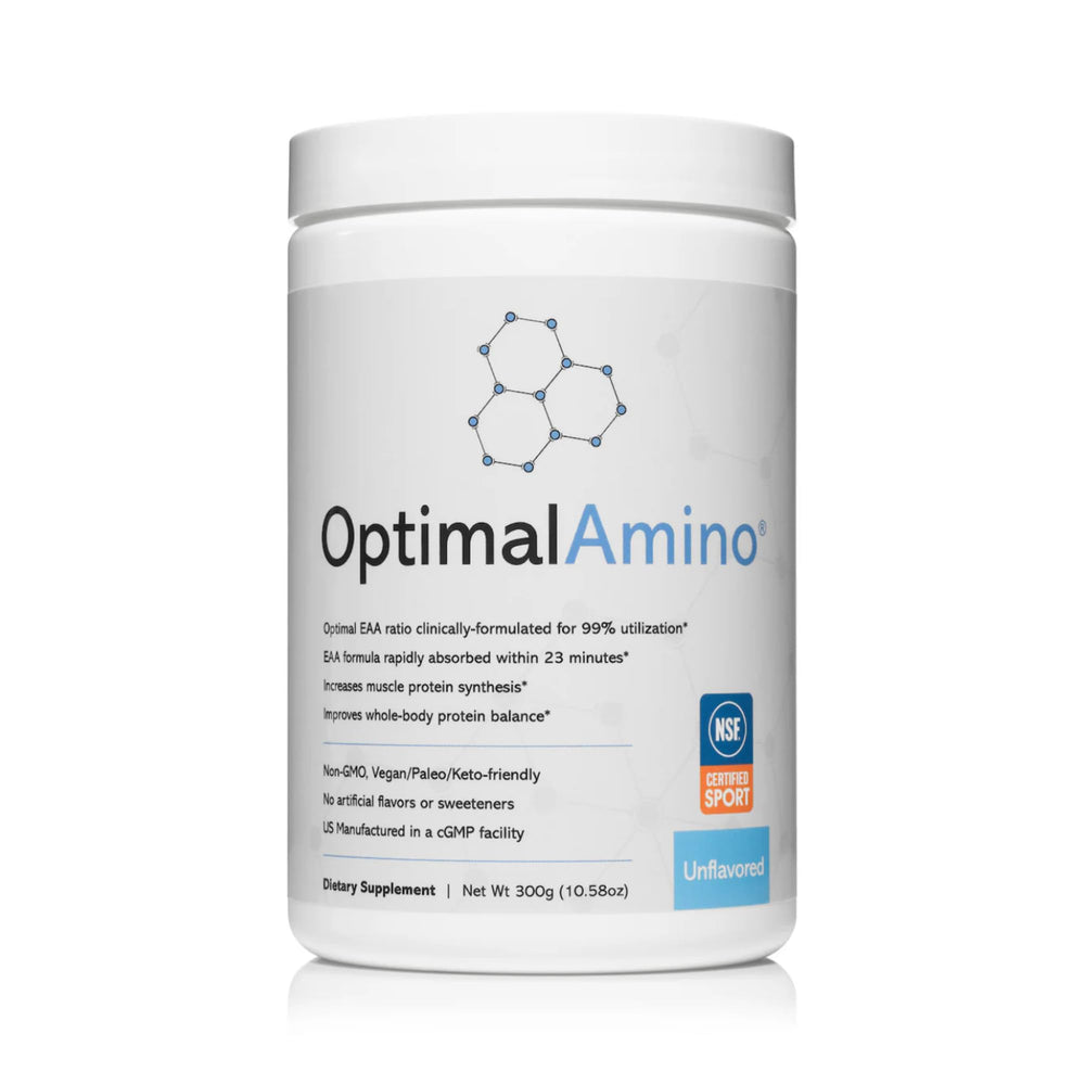OptimalAmino bottle pour showing a clean, allergen-free formula for pre-workout hydration.