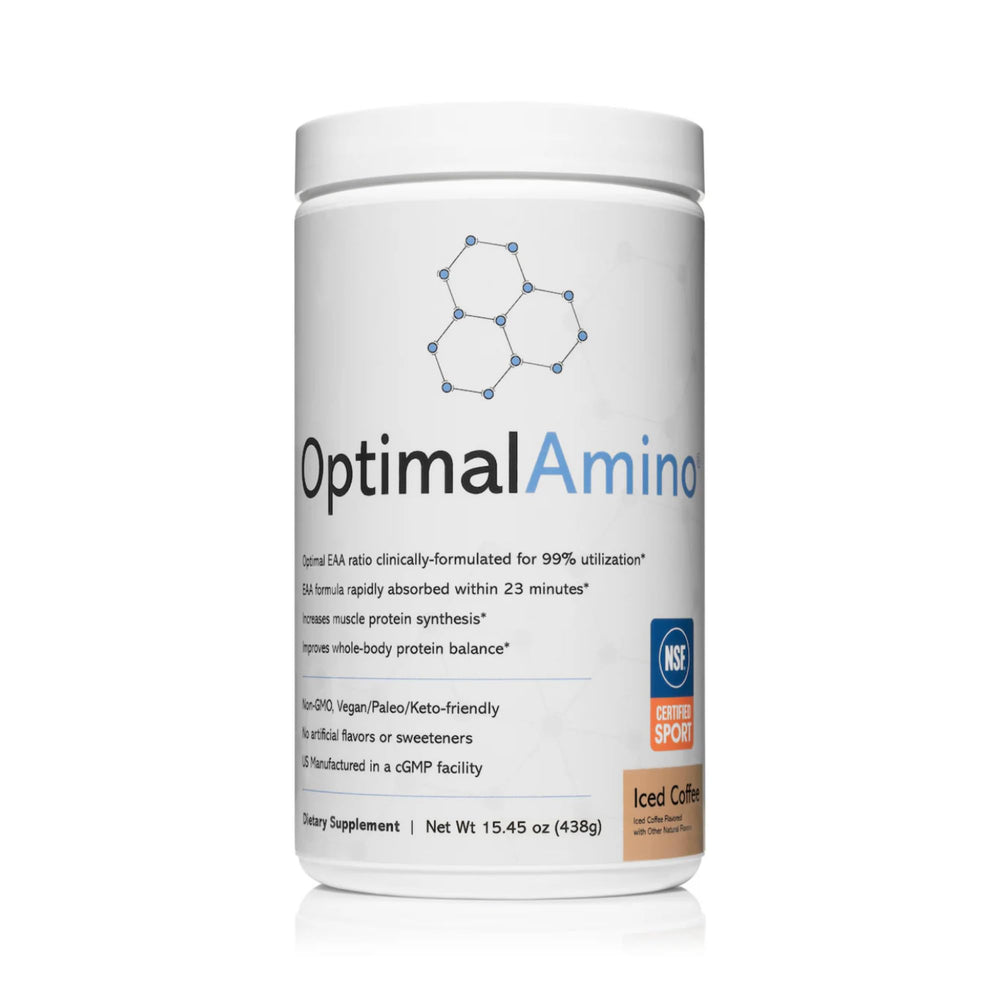 OptimalAmino iced coffee powder blends smoothly for post-workout refreshment and sustained energy