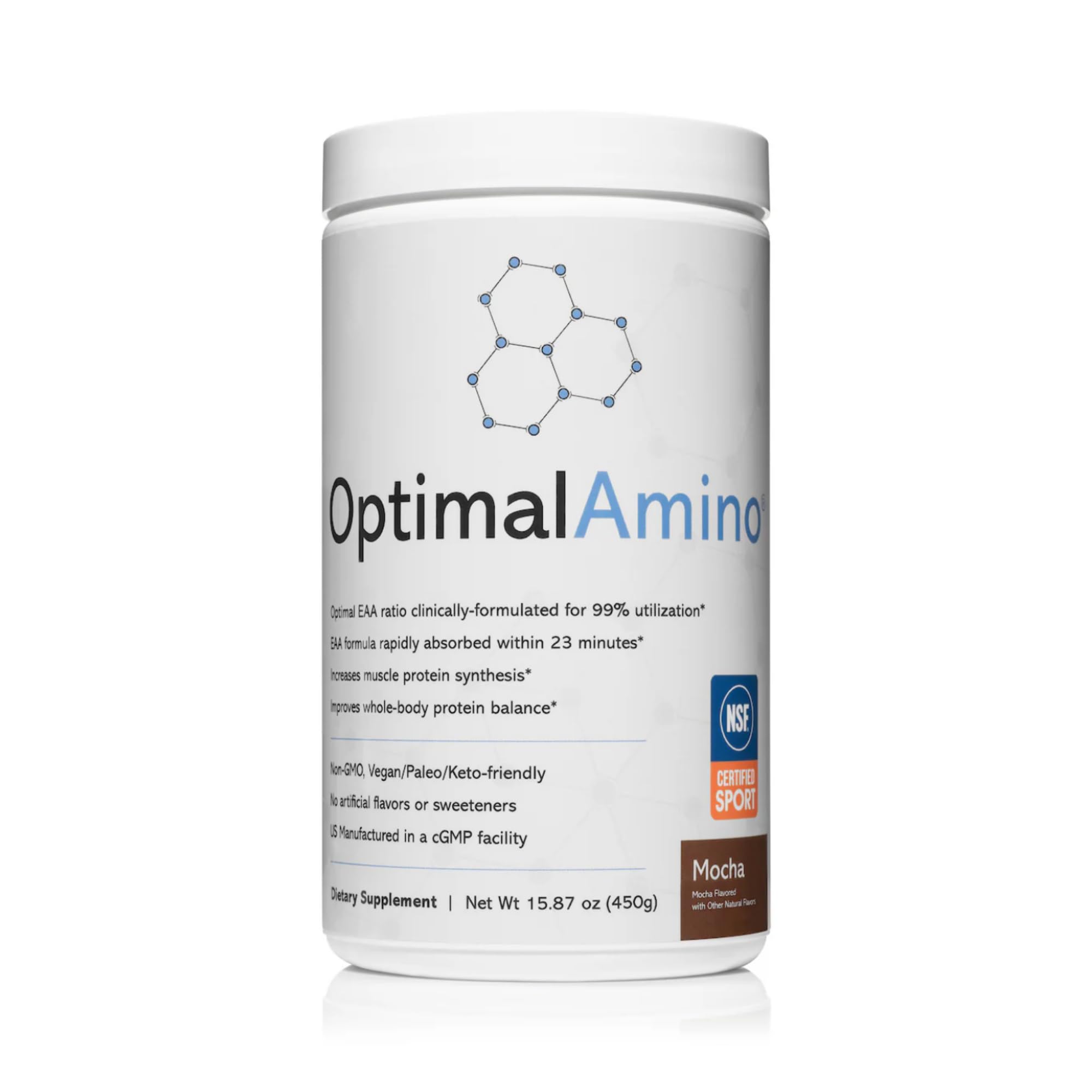 OptimalAmino mocha tub for pre and post-workout support.