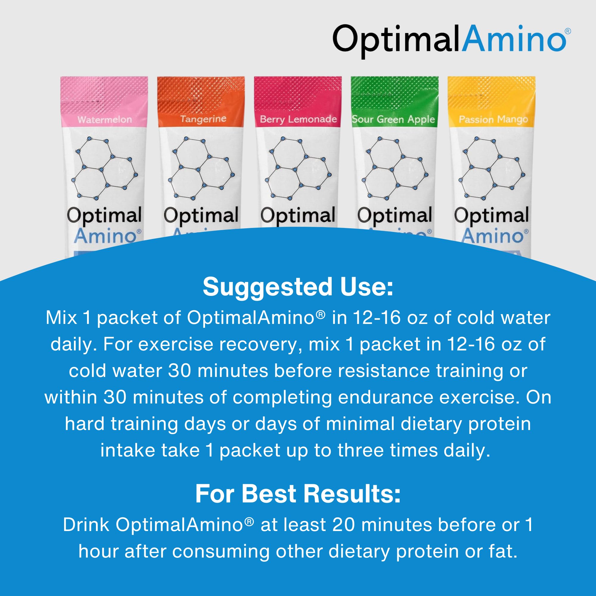OptimalAmino OTG multi-pack display suitable for gym, home, or travel