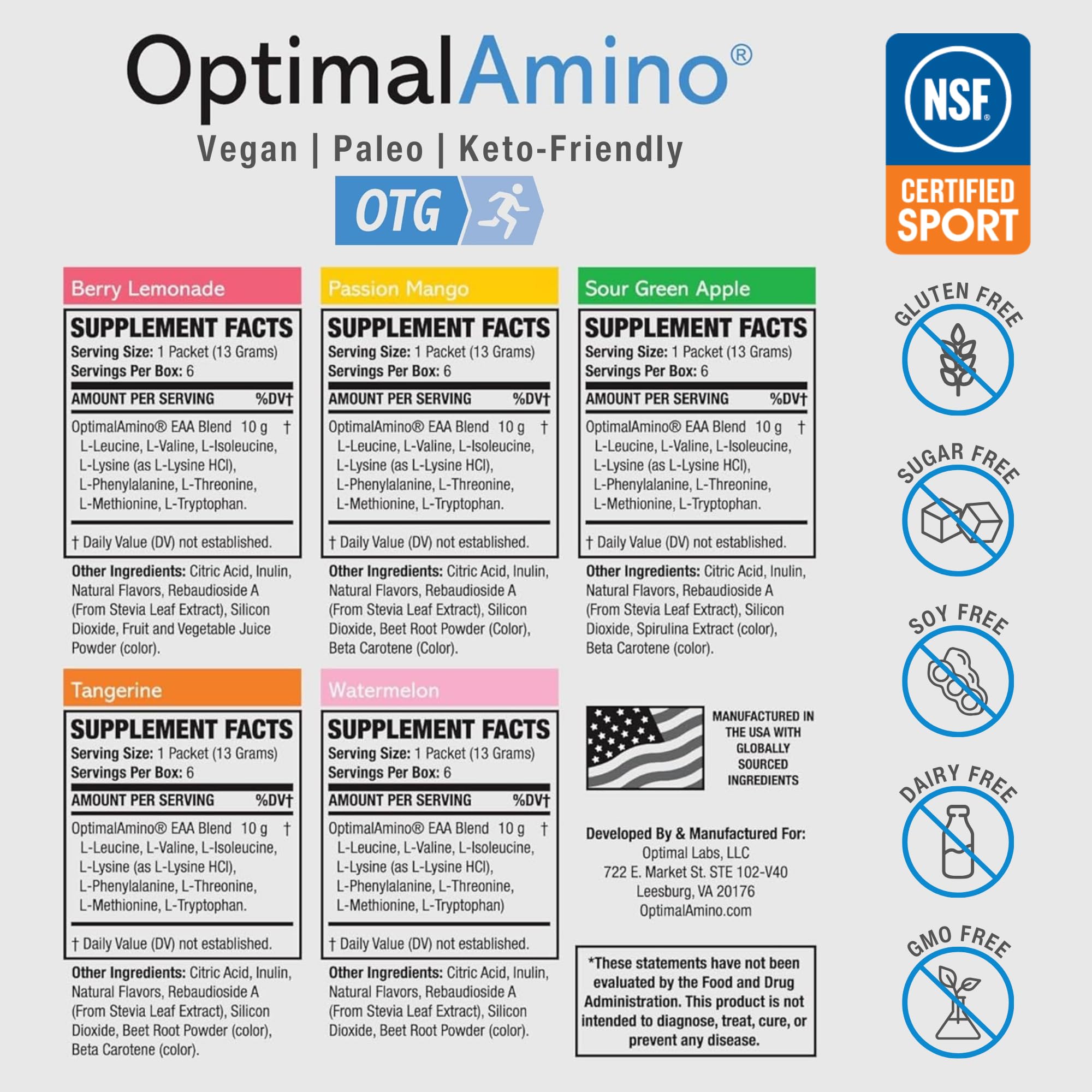 OptimalAmino OTG flavor collection shows vibrant sticks for on-the-go fueling