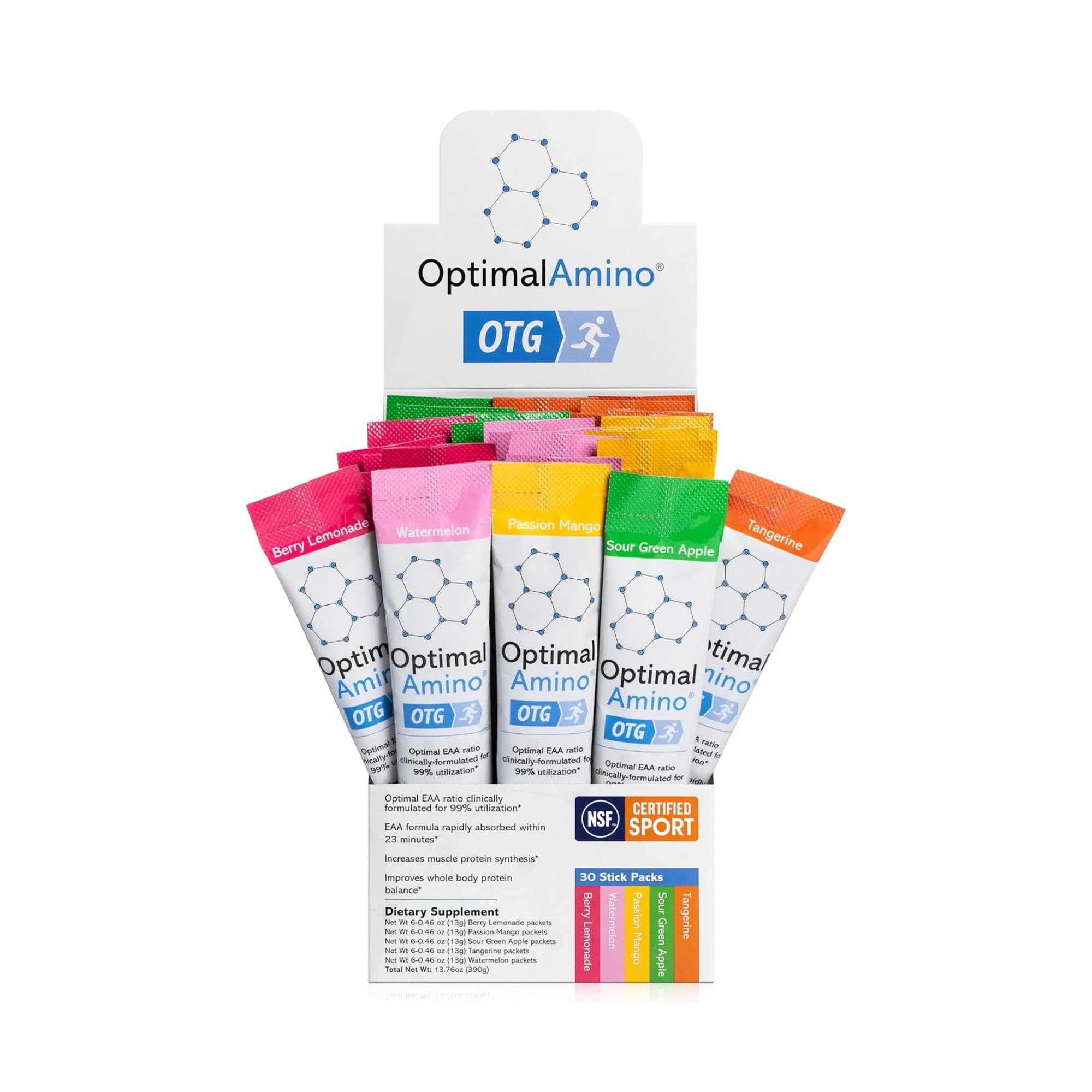 OptimalAmino OTG stick packs variety box for convenient post-workout recovery
