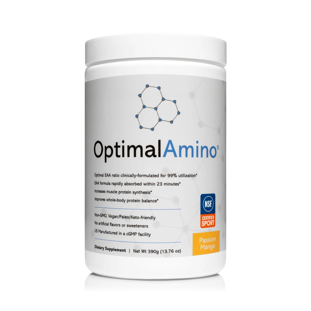 OptimalAmino Passion Mango bottle pour for easy pre- or post-workout hydration
