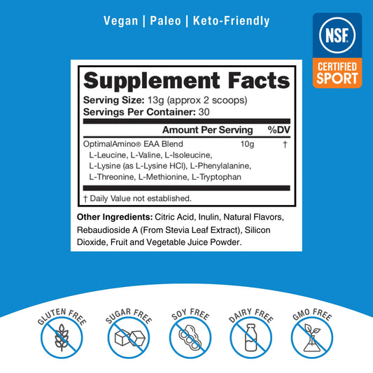 OptimalAmino scoop-dispensing powder demonstrates convenient pre/post-workout use.