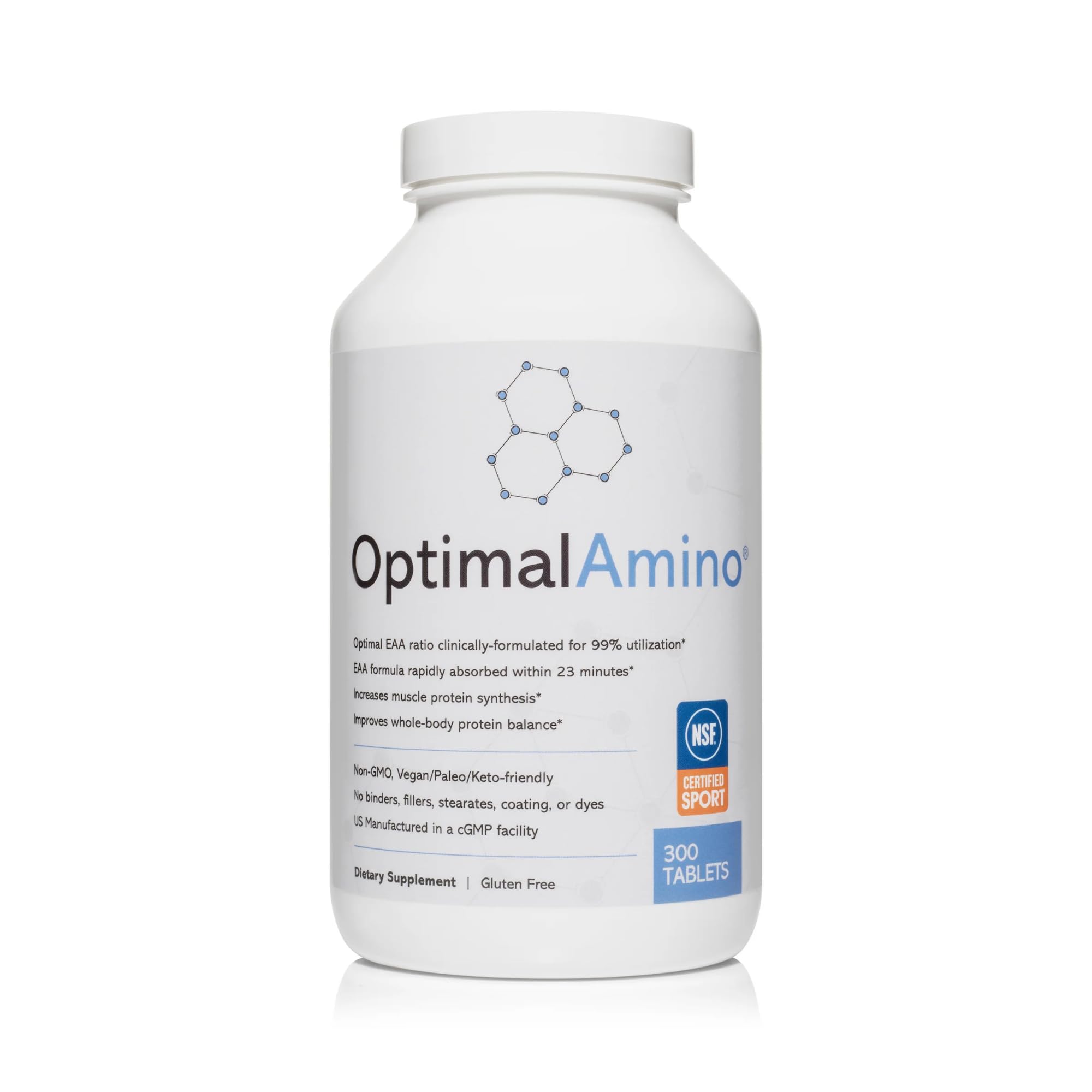 OptimalAmino tablets bottle closeup highlights complete amino acid profile for performance.