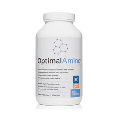 OptimalAmino tablets bottle closeup highlights complete amino acid profile for performance.