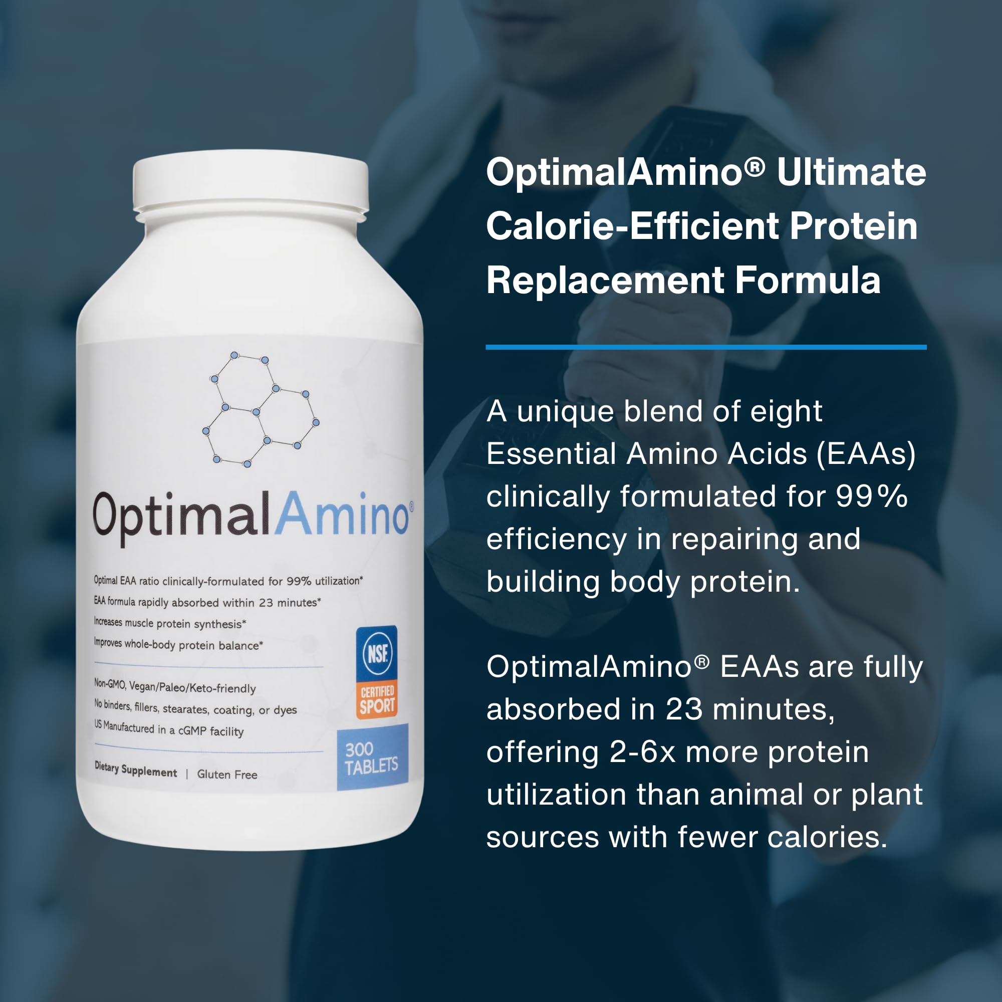 Serving spot with OptimalAmino tablets ready for post-workout recovery.