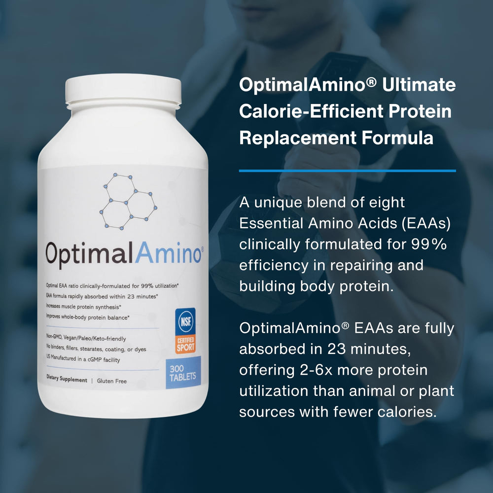 Serving spot with OptimalAmino tablets ready for post-workout recovery.