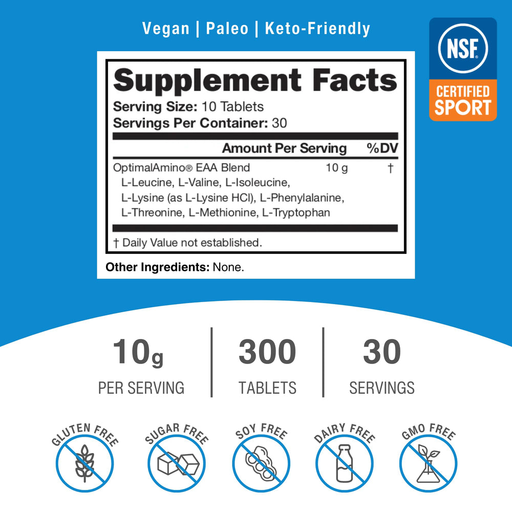 OptimalAmino tablet detail shows precise serving sizes for efficient protein use.