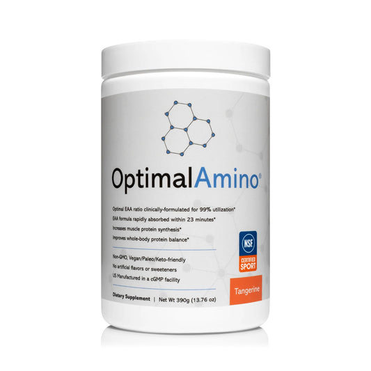OptimalAmino Tangerine powder container ready for workouts supporting recovery and daily energy.