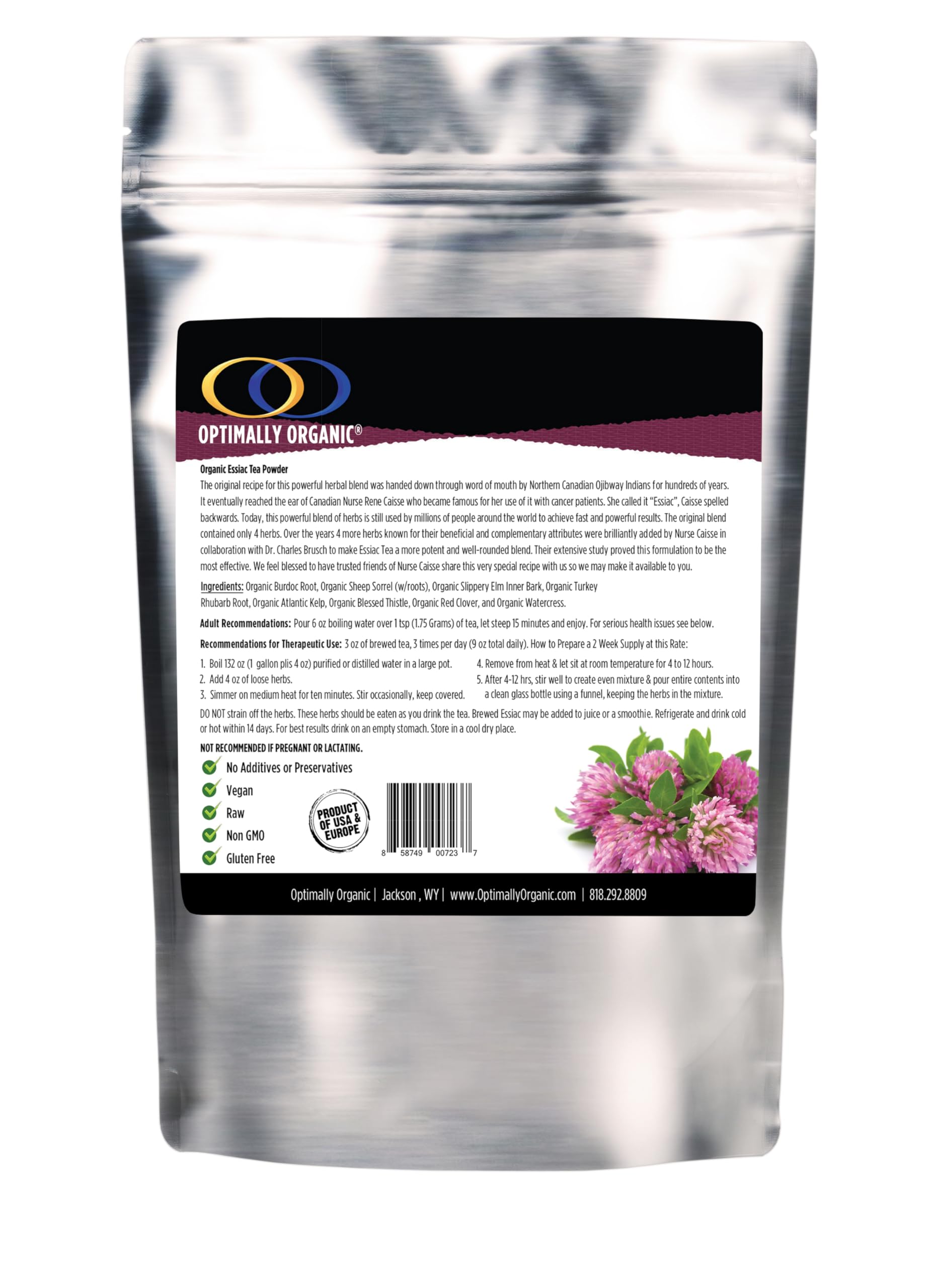 Optimally Organic ESSIAC Tea eight-herb blend highlights the pure formula.