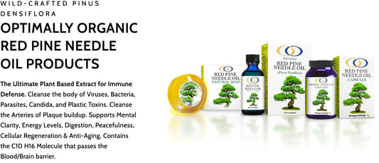 Optimally Organic Red Pine Needle Oil bottle: sleek packaging for on-the-go use