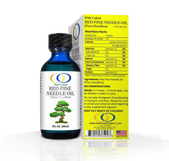 Optimally Organic Red Pine Needle Oil dropper showing measured 3–7 drops per serving