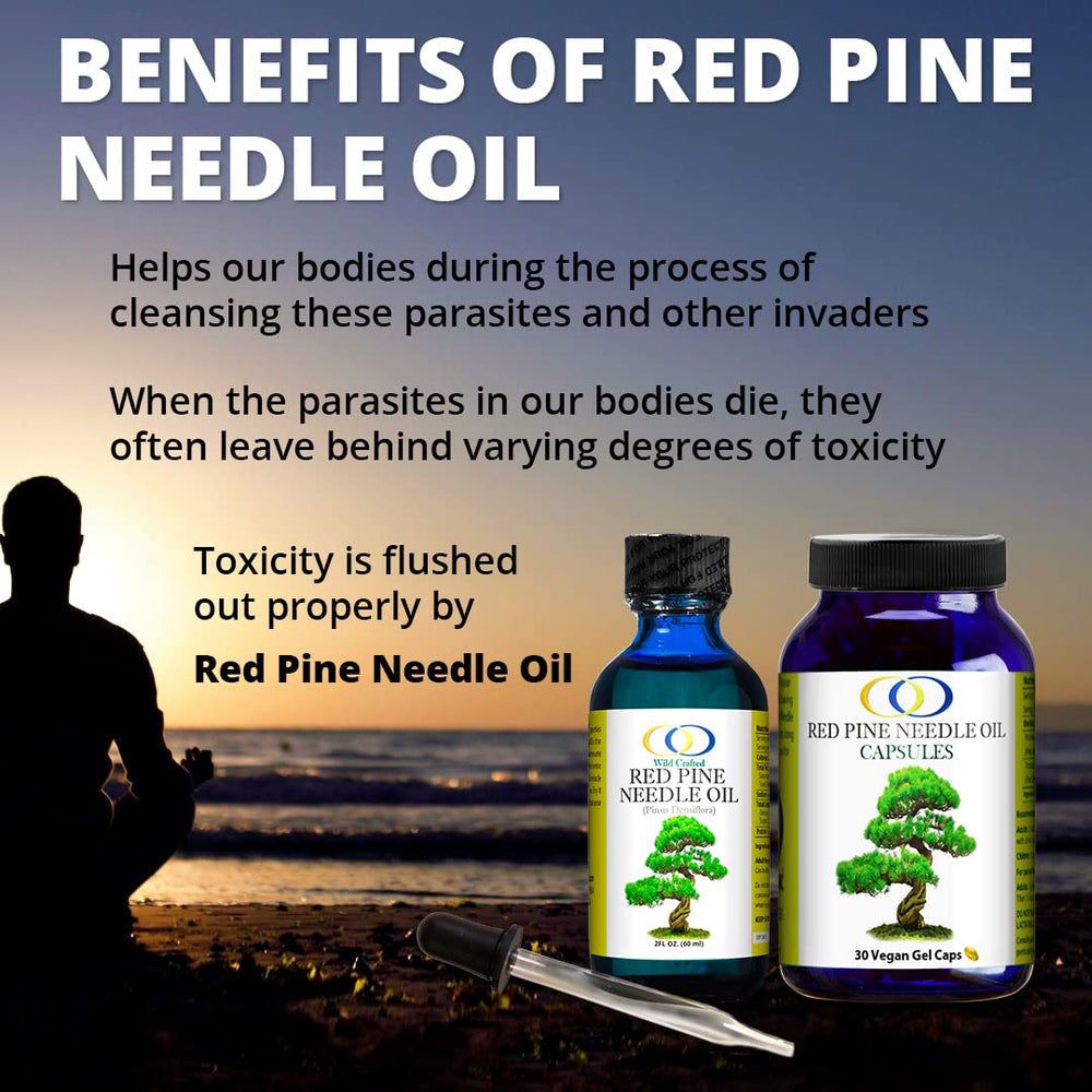 Packaging of Optimally Organic Red Pine Needle Oil emphasizing wild-crafted origin