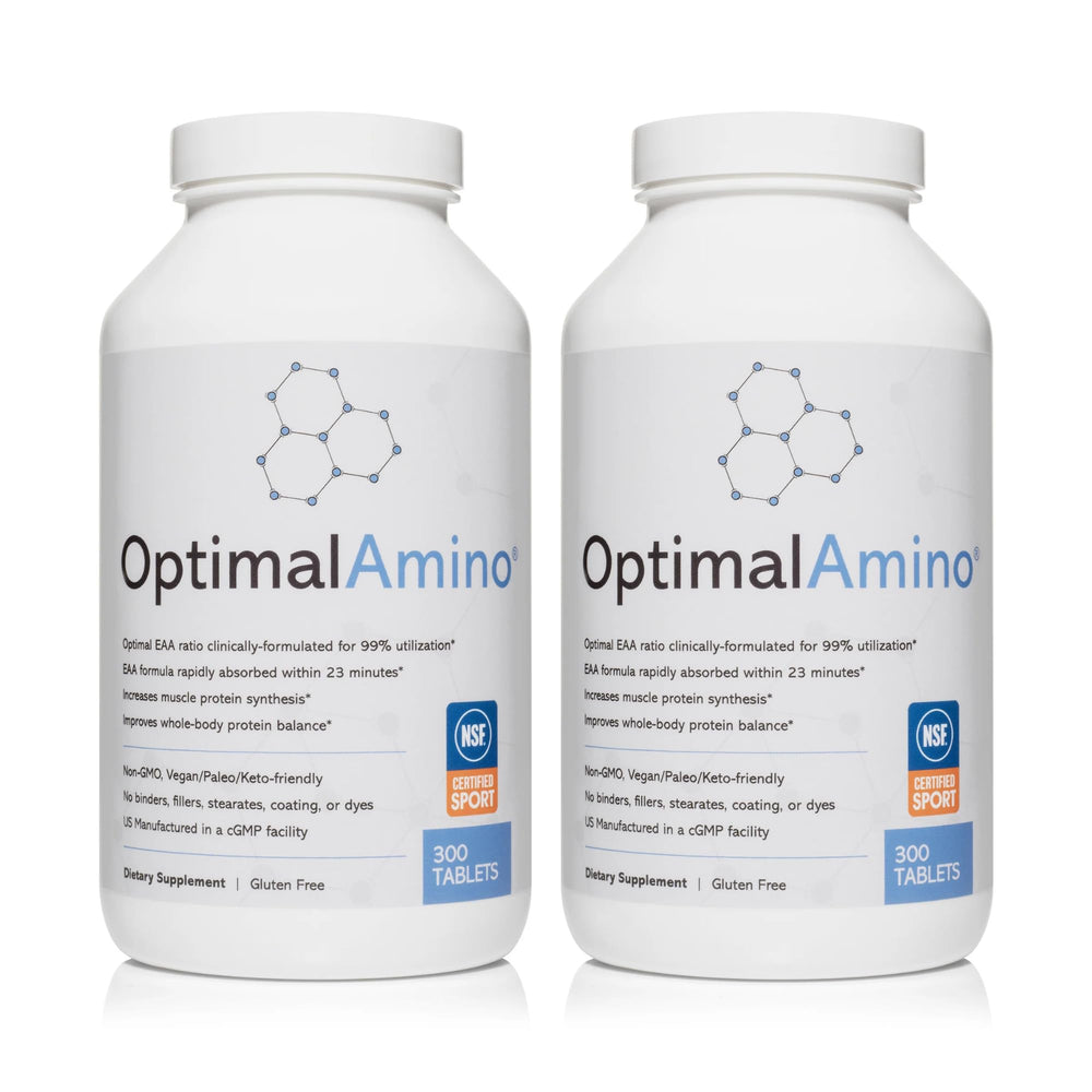 OptimalAmino tablets bottle front, illustrating convenient nutrition for workout recovery.