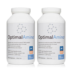 OptimalAmino tablets bottle front, illustrating convenient nutrition for workout recovery.