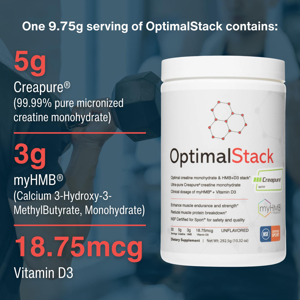 OptimalStack Vitamin D3 info highlights daily vitamin D3 content for muscle support.