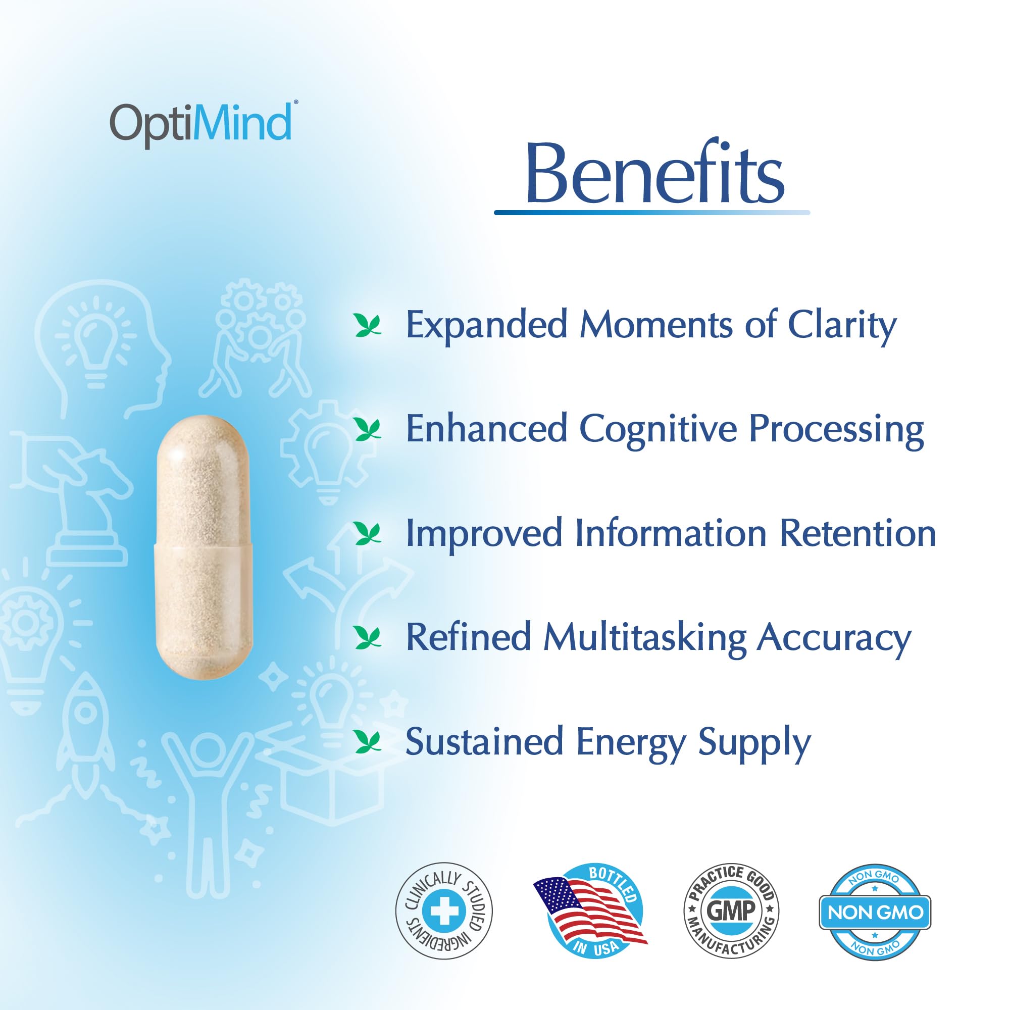 Optimind bottle cap on table emphasizes non-GMO, clinically studied formulation.