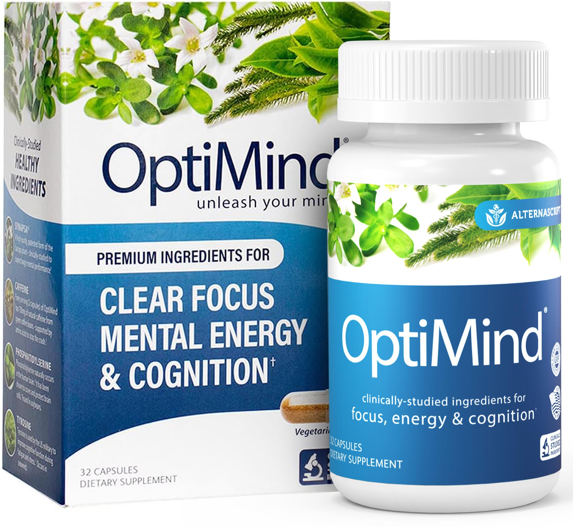 Optimind brain supplement bottle with Synapsa capsules for memory support.