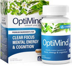 Optimind brain supplement bottle with Synapsa capsules for memory support.