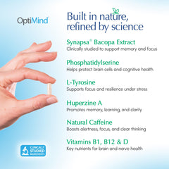 Optimind Synapsa capsules close-up highlighting natural memory booster ingredients.