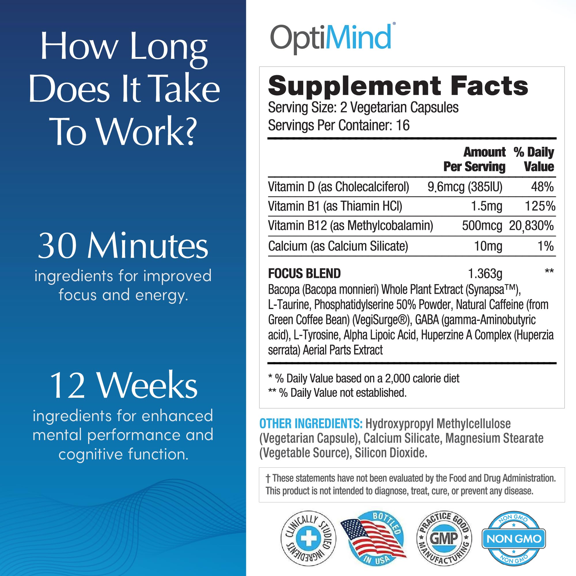 Optimind vitamins B1 B12 D supplement panel for mental energy and resilience