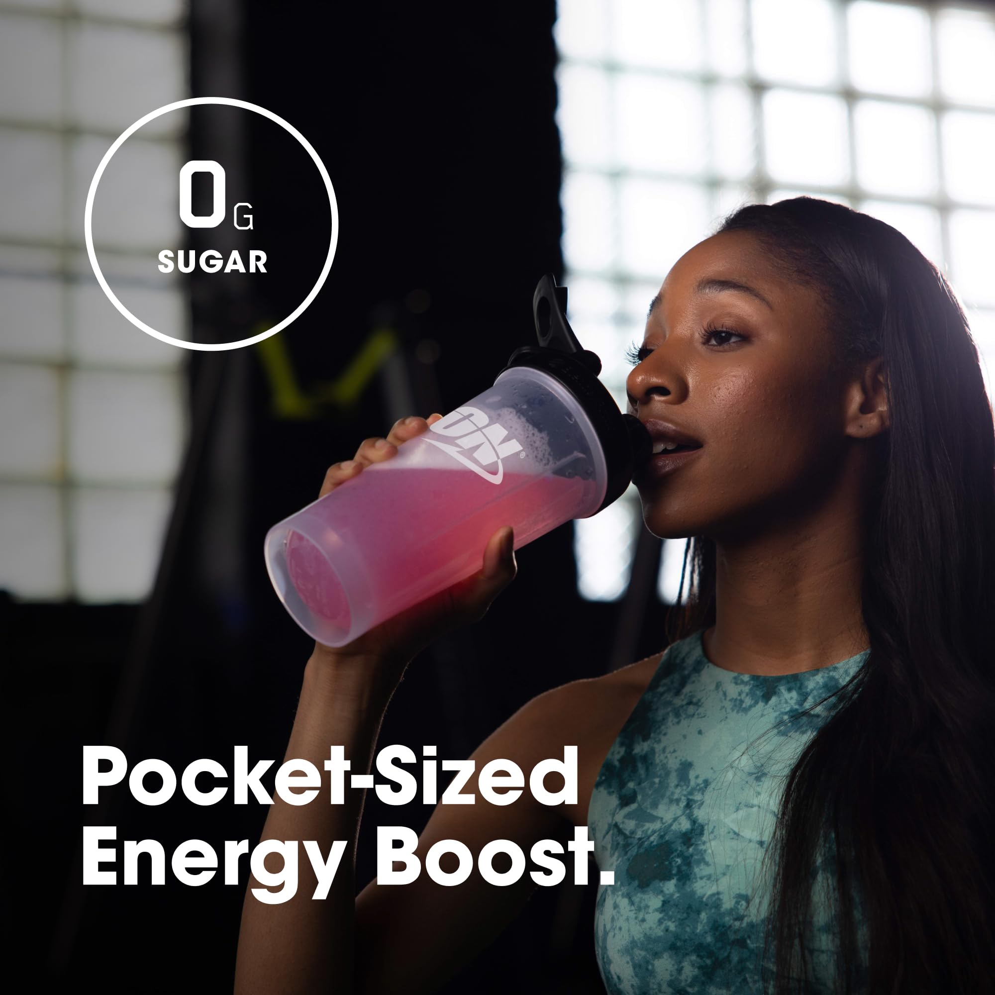 Optimum Nutrition Amino Energy front shows zero sugar and 5 calories icons