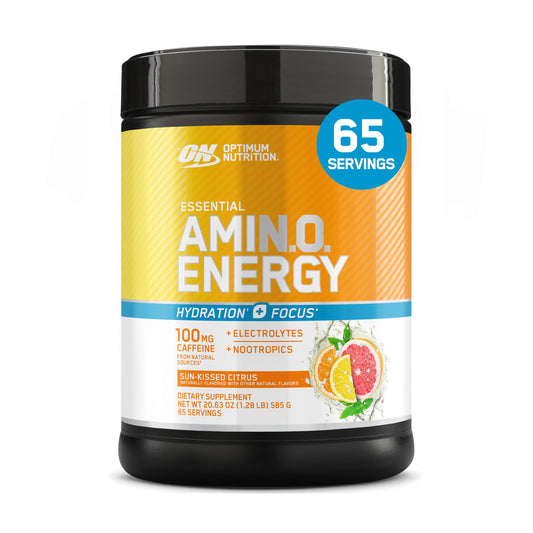 Optimum Nutrition Amin.O. Energy bottle front with Sunkissed Citrus for energized workouts