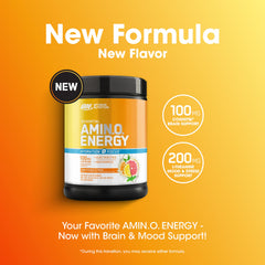 Optimum Nutrition Amin.O. Energy label close-up highlighting caffeine and electrolytes