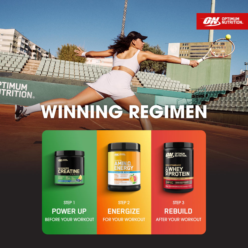 Optimum Nutrition Amin.O. Energy packaging indicates 65 servings packaging may vary