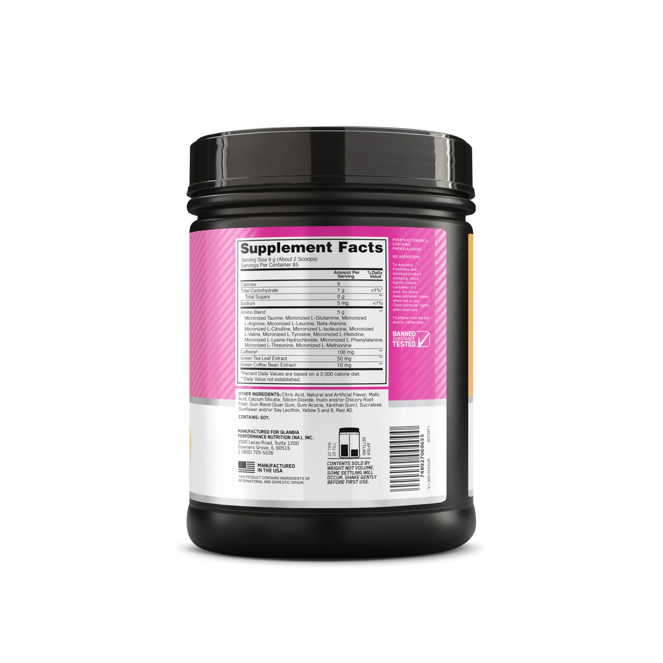 Brand logo and 65 servings callout indicating value and longevity of supply.