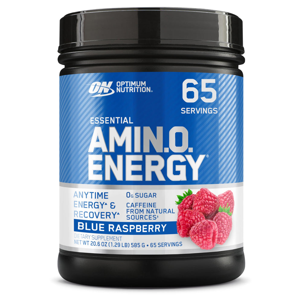 Optimum Nutrition Amino Energy blue raspberry tub for pre-workout energy and focus.
