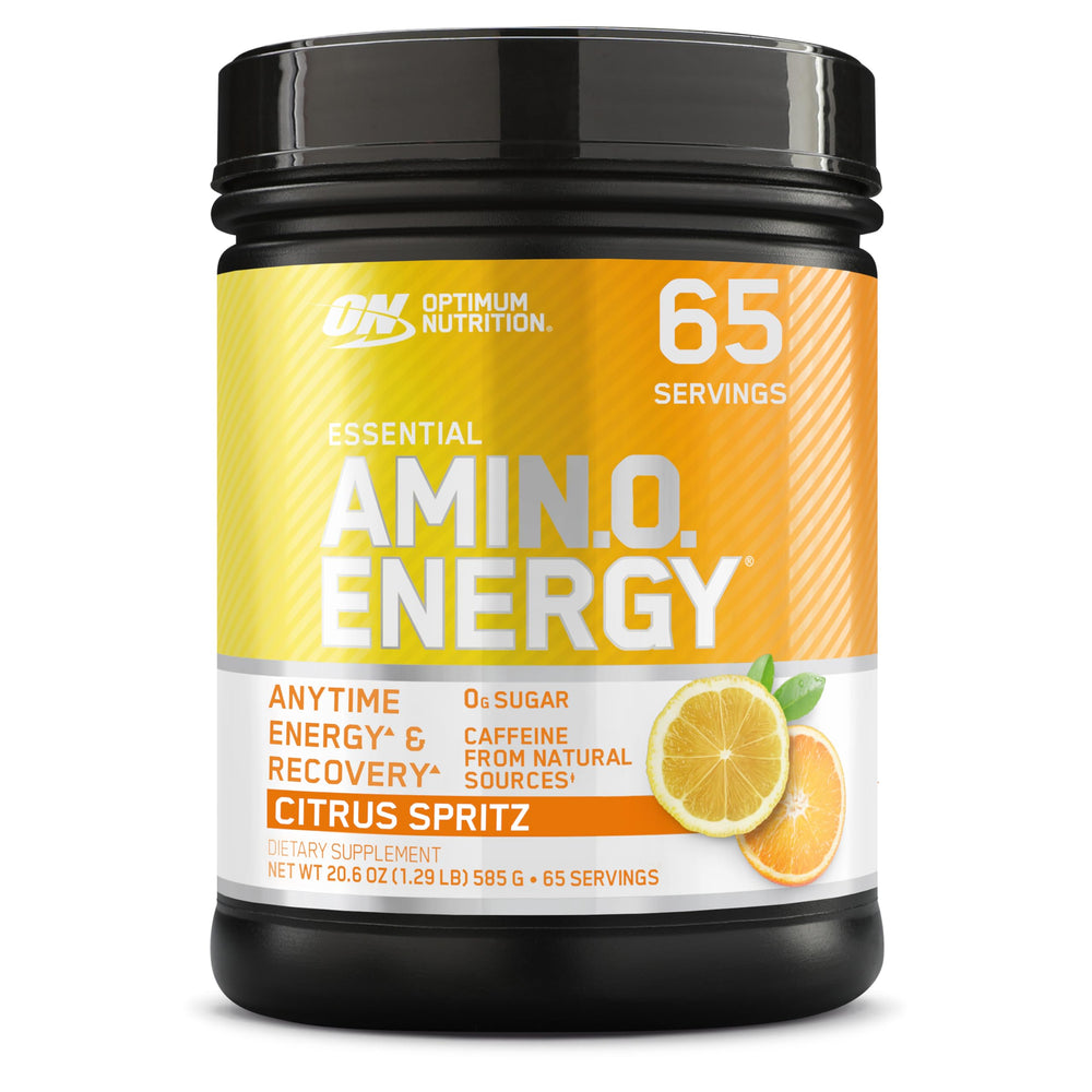 Optimum Nutrition Amino Energy Citrus Spritz bottle label highlights flavor and energy support.