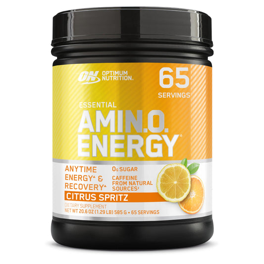 Optimum Nutrition Amino Energy Citrus Spritz bottle label highlights flavor and energy support.