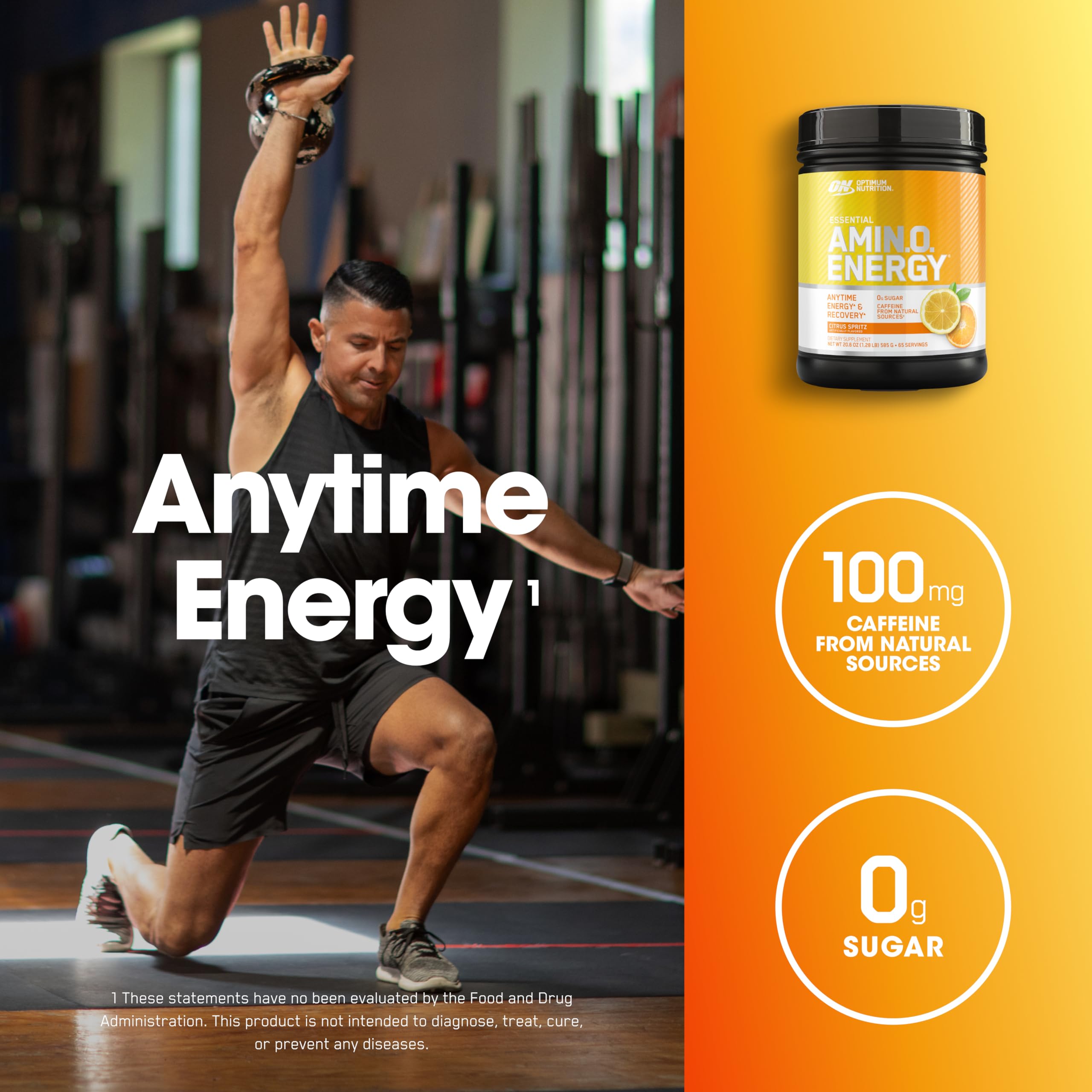 Optimum Nutrition Amino Energy Citrus Spritz scoop beside a shaker for pre-workout fueling.