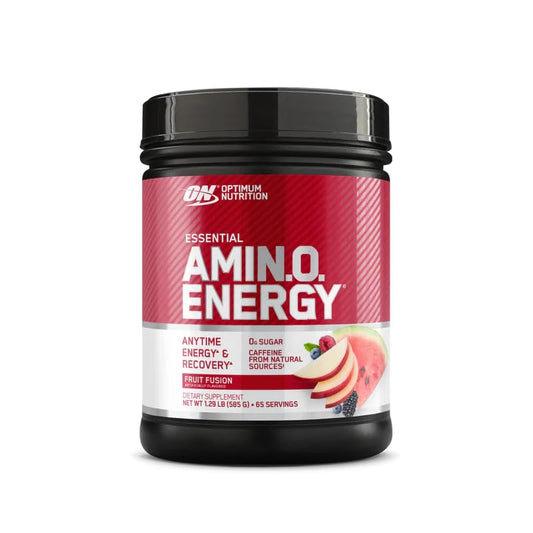 Optimum Nutrition Amino Energy Fruit Fusion bottle highlighting energy and focus benefits