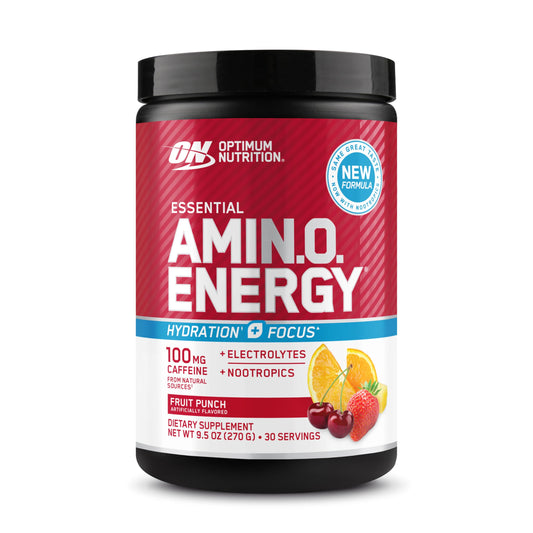 Optimum Nutrition Amino Energy Fruit Punch powder boosts on-the-go energy.