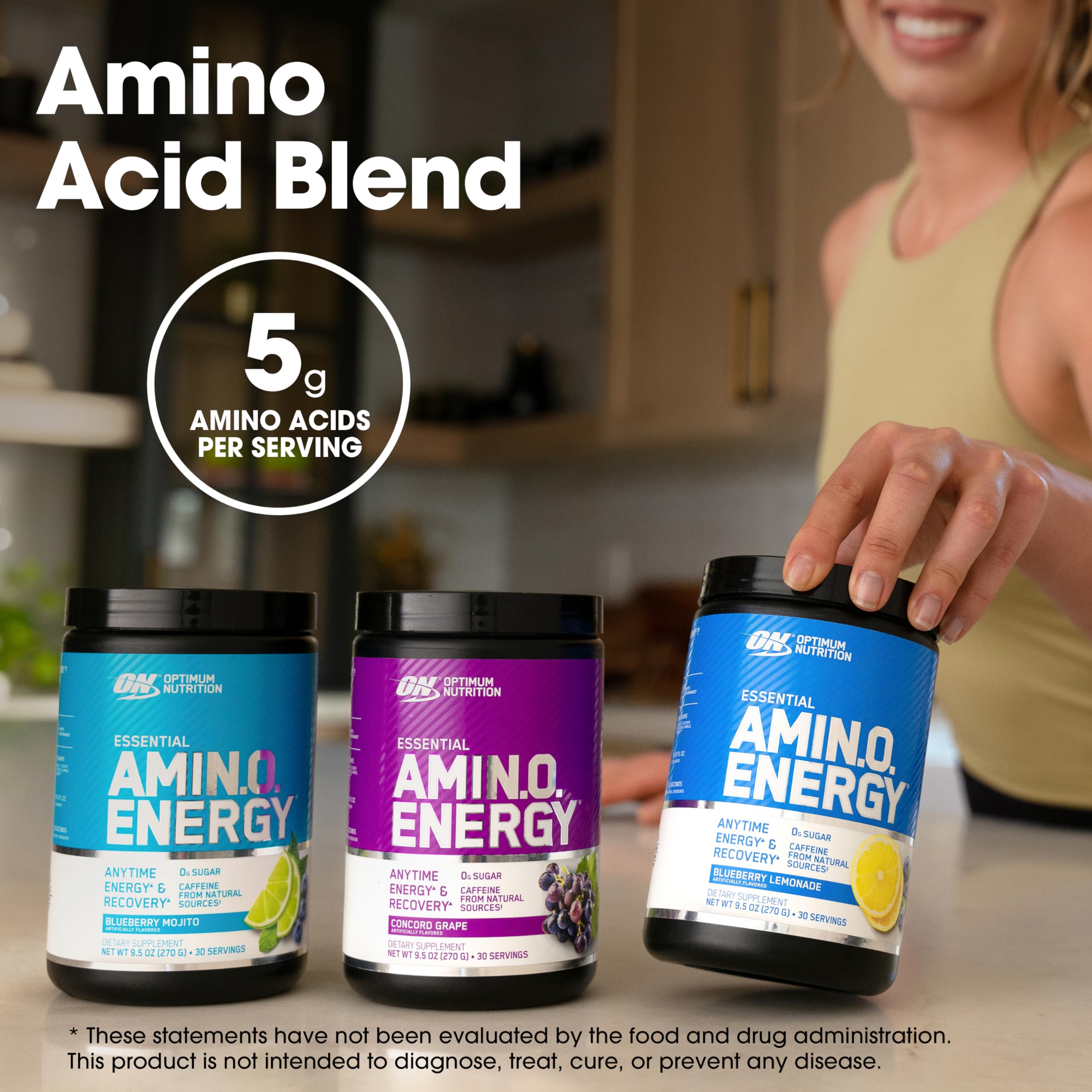 Optimum Nutrition Amino Energy ingredient graphic highlights amino acids and caffeine sources.