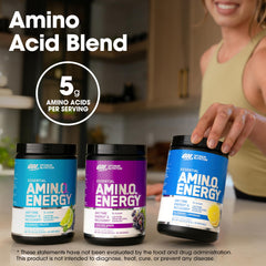 Optimum Nutrition Amino Energy ingredient graphic highlights amino acids and caffeine sources.