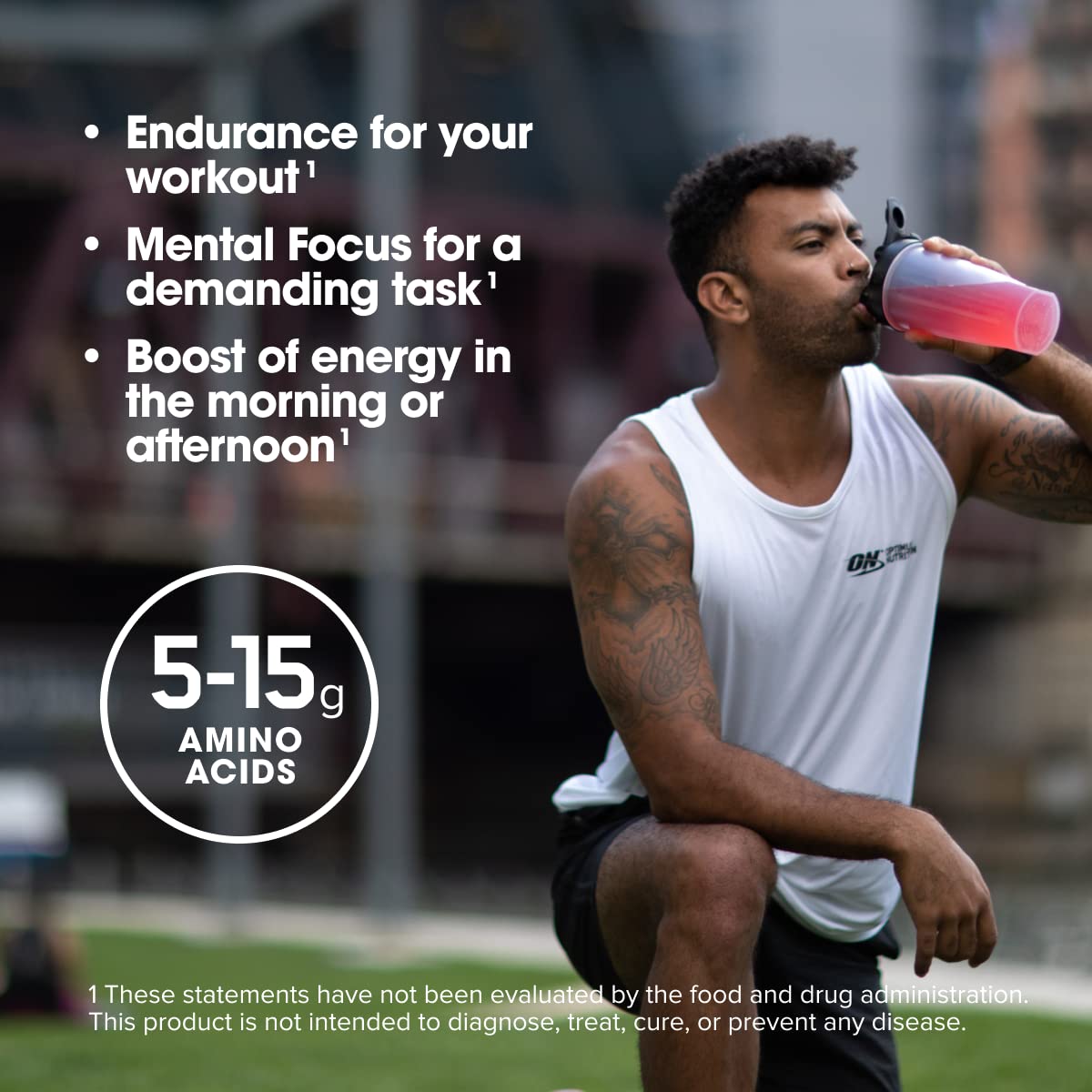 Optimum Nutrition Amino Energy label closeup highlights ingredients and keto-friendly notes.