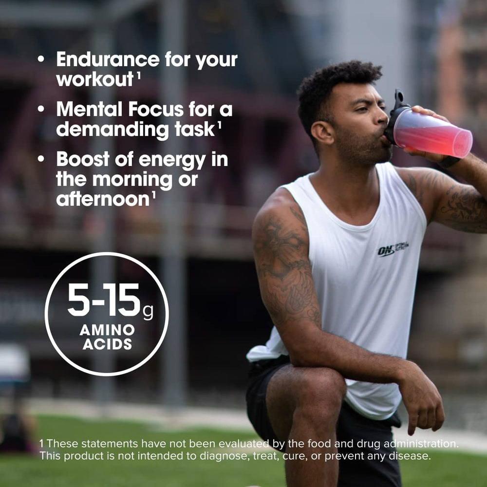 Optimum Nutrition Amino Energy label closeup highlights ingredients and keto-friendly notes.