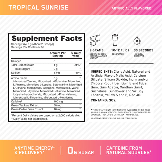 Amino Energy ingredient panel highlighting BCAAs and green tea for workout recovery support.