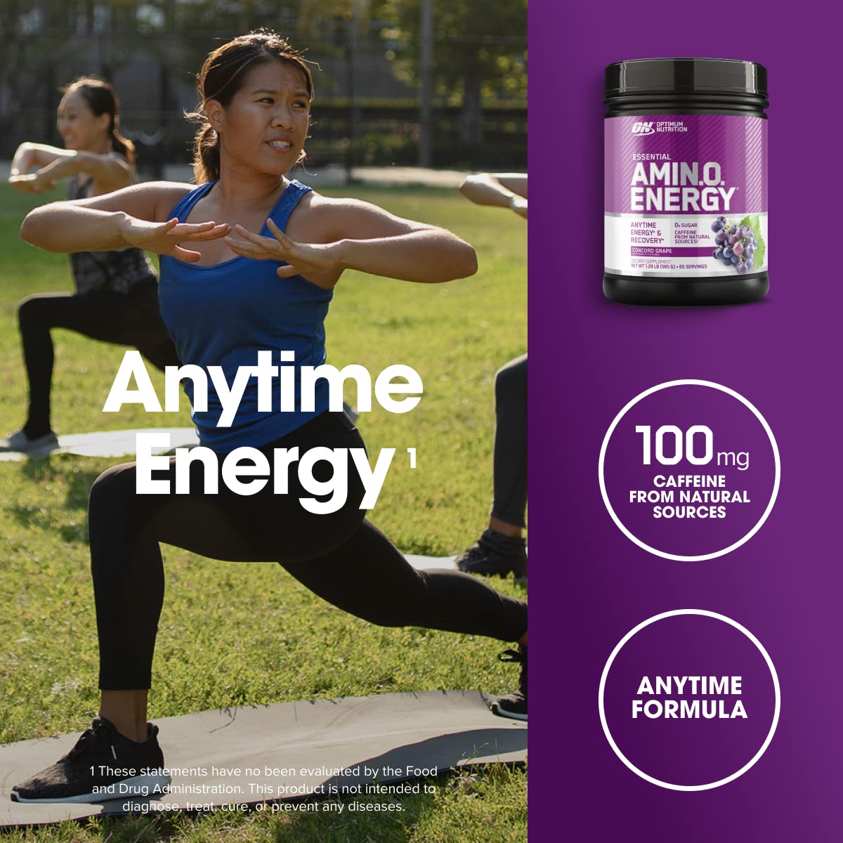 Optimum Nutrition Amino Energy Concord Grape packaging close-up highlights flavor and servings