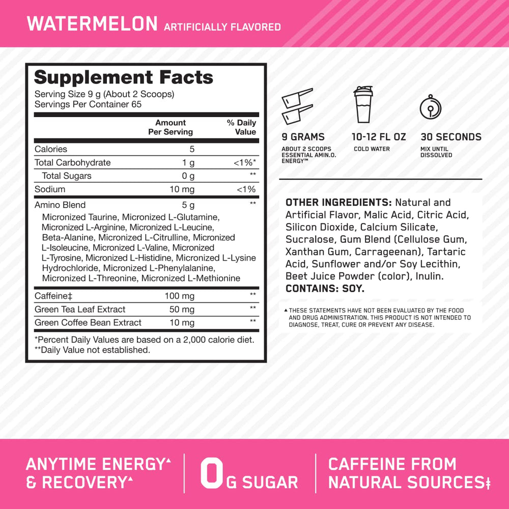 Optimum Nutrition Amino Energy powder closeup highlights fine texture for quick mixing.
